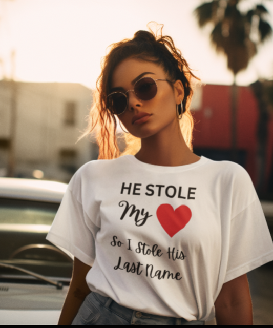 Women/ "He Stole My Heart" Multi colors Black Print Premium Short Sleeve Tee - Family