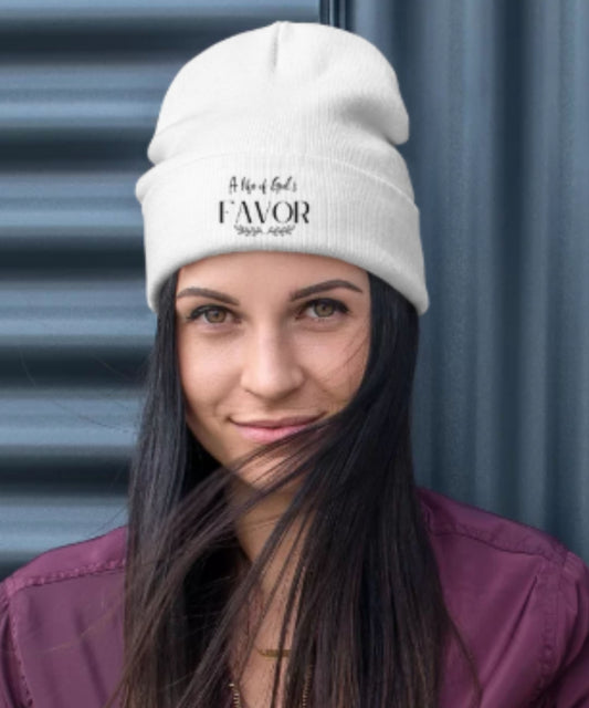 Men/Women Unisex White "A Life of God's Favor" Embroidered Faith-Based Beanie