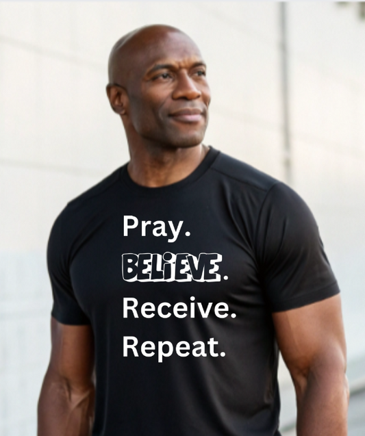 Men/Women Unisex "Pray Believe Receive Repeat" Premium Short Sleeve Faith-Based T-Shirt